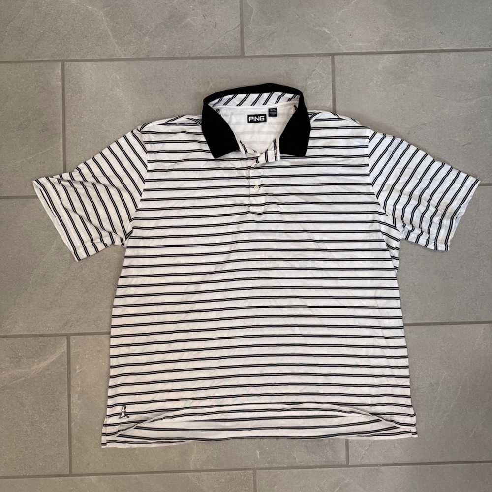 Ping Golf Polo Shirt Mens XL White Black Striped Short Sleeve Mr Ping Logo